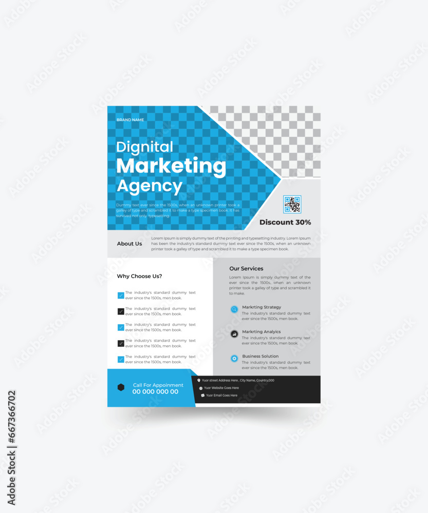 Obraz premium Real Estate Business Flyer Template, Property Sale Flyer Design, poster flyer pamphlet brochure cover design layout space for photo background, flyer in A4 with blue triangles.