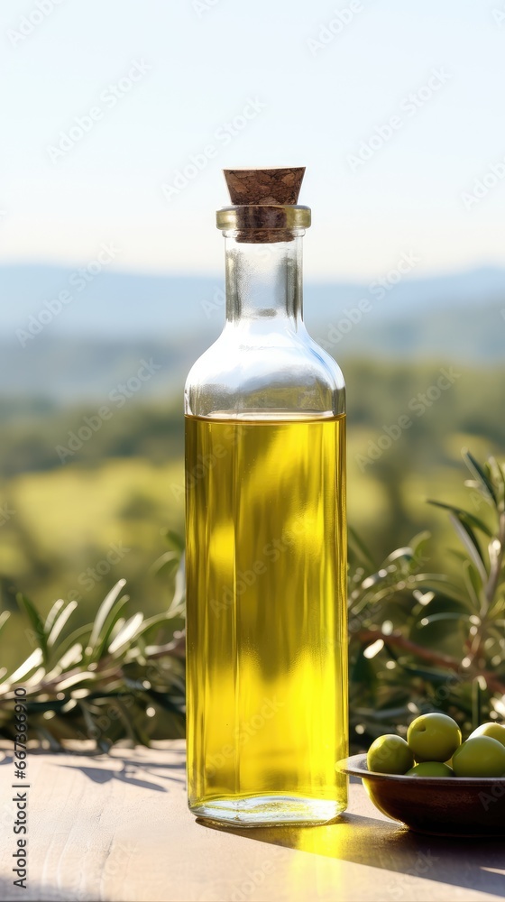 Olive oil in a glass bottle on a wooden table with olive trees under the morning sun. green olives. raw materials for olive oil. view of the garden with olive trees. Olive oil in a glass bottle on a wooden table with olive trees under the morning sun. green olives. raw materials for olive oil. view of the garden with olive trees.