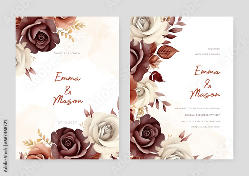 Brown red and white rose rustic vector elegant watercolor wedding invitation floral design