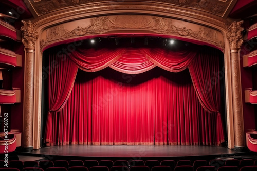 Glorious red curtain above empty theatre stage generative ai