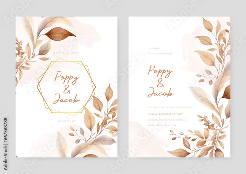 Beige leaf wedding invitation card template with flower and floral watercolor texture vector