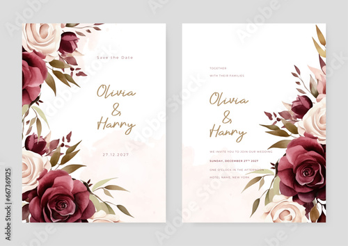 Beige and red rose rustic vector elegant watercolor wedding invitation floral design