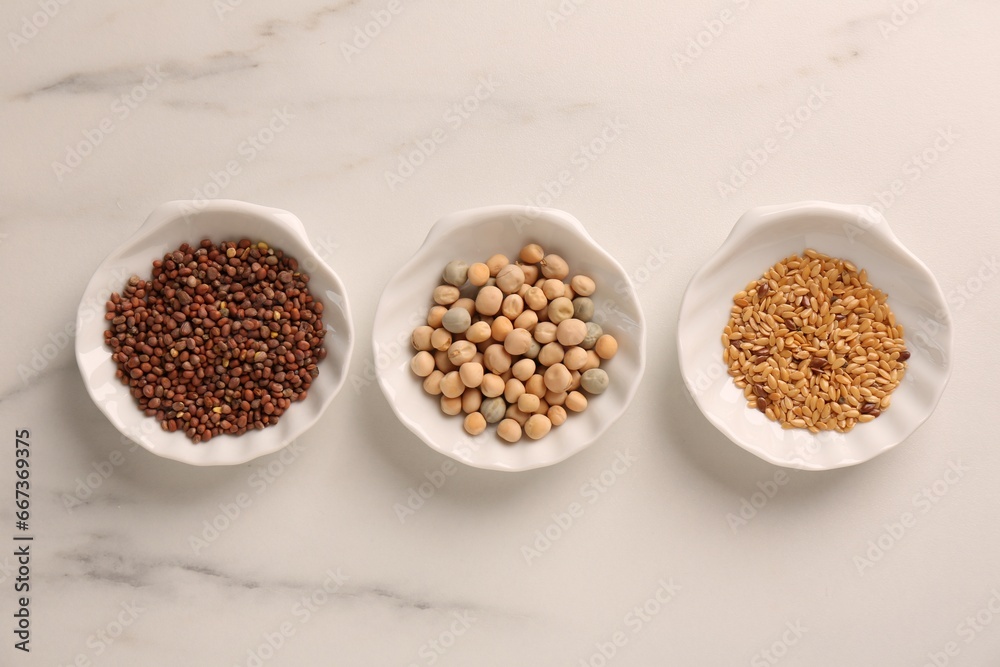 Growing microgreens. Different seeds in bowls on white marble table, flat lay Growing microgreens. Different seeds in bowls on white marble table, flat lay