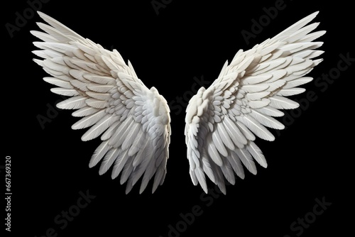 White angel wings on black with clipping path. Generative AI