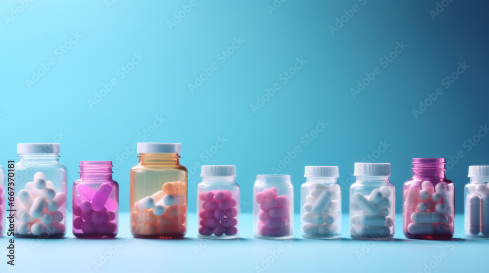 Various colorful pills, capsules and tablets in different glass or plastic jars Various colorful pills, capsules and tablets in different glass or plastic jars