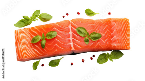Fresh Salmon Fillet with Basil - Top View Isolated on Transparent Background, Raw Seafood Ingredient for Cooking, Gourmet Food Photography, PNG
