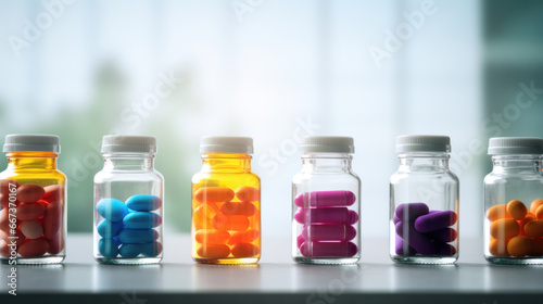 Various colorful pills, capsules and tablets in different glass or plastic jars