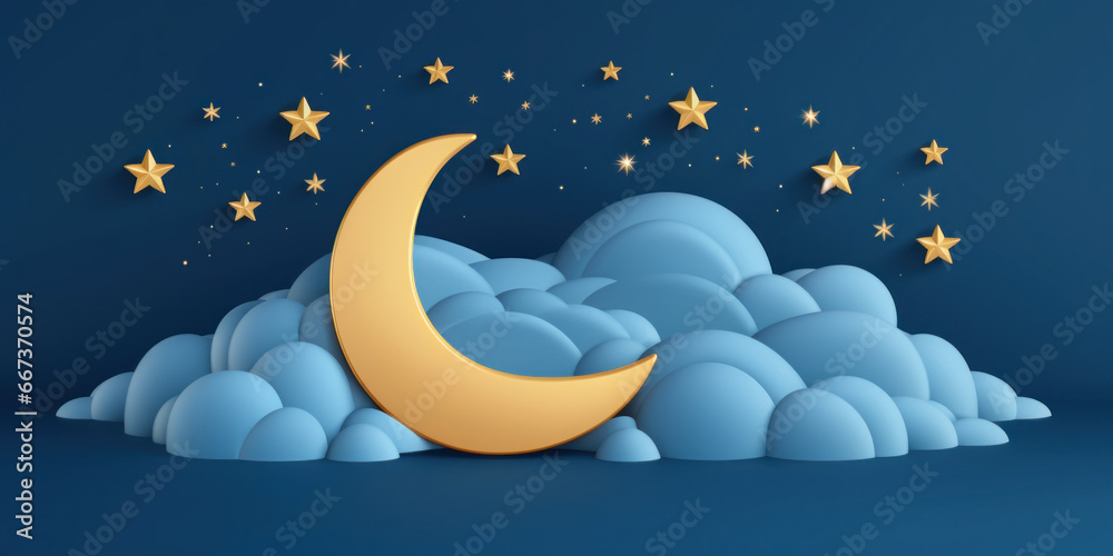 Fototapeta premium A month with golden stars and clouds in a dark blue sky