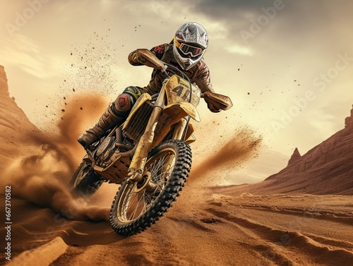 Extreme Motocross MX Rider riding on Sand track, desert on the background