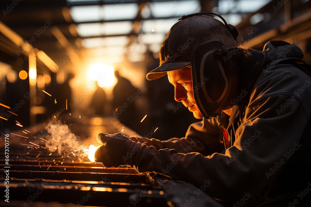 On a construction site at dawn, a skilled welder, donned in protective gear On a construction site at dawn, a skilled welder, donned in protective gear