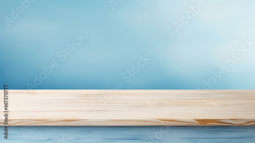 Empty wooden deck or board with blue home kitchen room interior for display food product