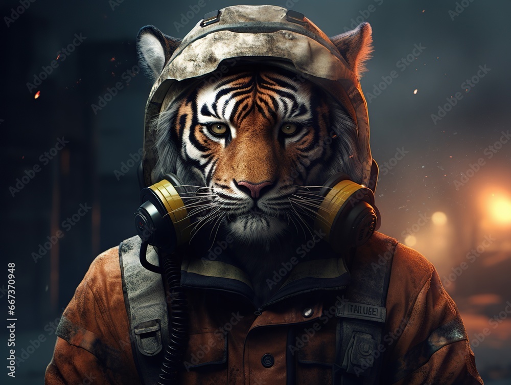 Tiger Wears fireman suit, background Cinematic landscape