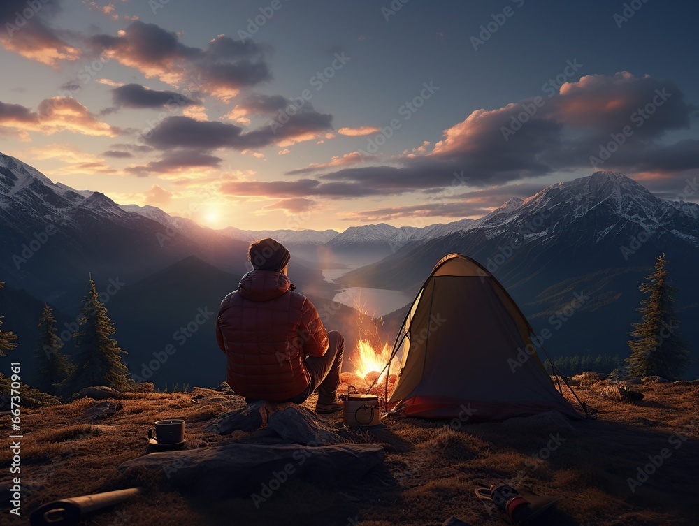 Two people camping outdoors, sitting next to a tent, a campfire burning beside them, rolling mountains and forests in the distance