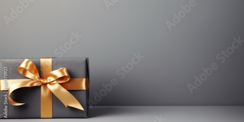 Grey gift box with golden ribbon and grey background with glitter, bokeh and space for text or copy photo