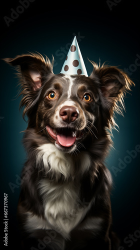 happy dog wearing Christmas party hat. isolate on green mint background