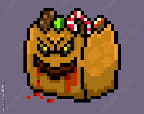 trick or treat Halloween, Pixel art, Pixel art halloween, scary candy bag, Vector, 8 bit.