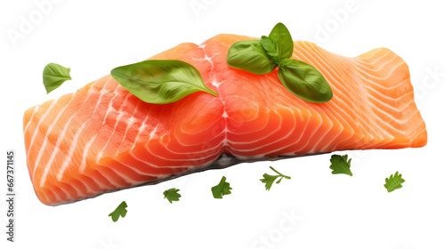 Fresh Salmon Fillet with Basil - Top View Isolated on Transparent Background, Raw Seafood Ingredient for Cooking, Gourmet Food Photography, PNG