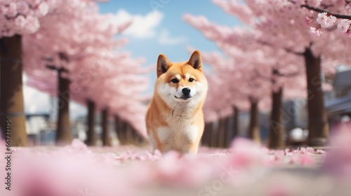 Tablou canvas Cute Shiba Inu at the Japanese Street with Blooming Sakura Trees and Blue Sky on