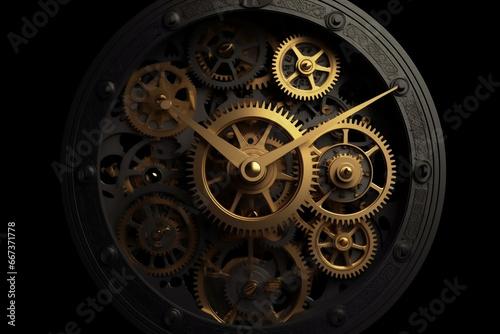 Golden black old clock close up at front view on dark background generative ai