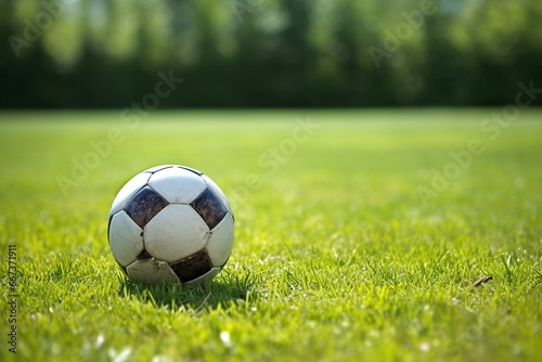 Ball on the field  prepared for a soccer match near the goal. Generative AI
