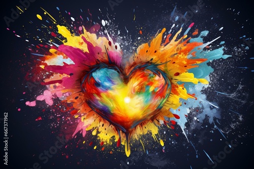 Vibrant artistic heart made of colorful splashes with a rainbow theme. Generative AI