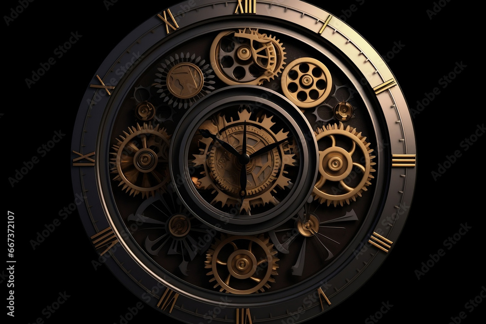 Golden black old clock close up at front view on dark background generative ai