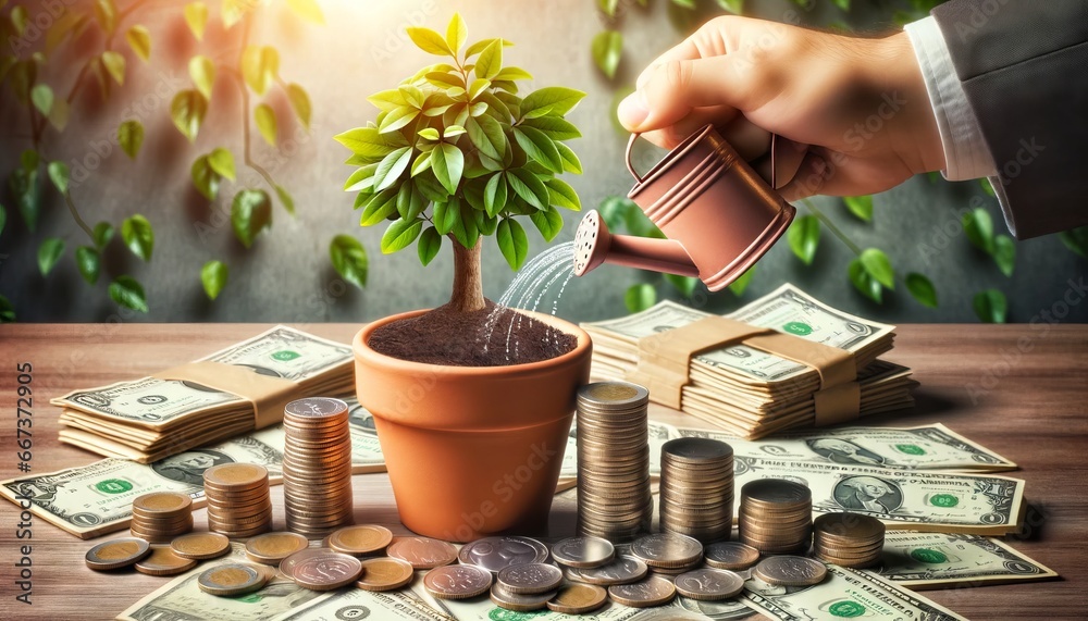 Growing a money tree - although money doesn't grow on trees, this illustration represents saving, earning, and growing your finances to get a return on your investments in retirement - obrazy, fototapety, plakaty 