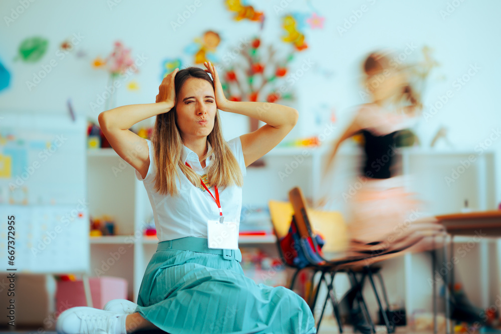 Stressed Kindergarten Teacher Dealing with Hyperactive Student. Overwhelmed childcare provider feeling desperate and burnout 
 - obrazy, fototapety, plakaty 