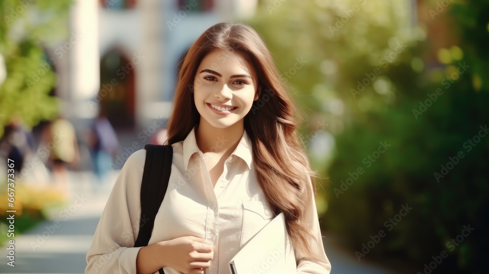 Beautiful student woman with backpack and books outdoor. Smile girl happy carrying a lot of book in college campus. Portrait female on international University. Education, study, school . Beautiful student woman with backpack and books outdoor. Smile girl happy carrying a lot of book in college campus. Portrait female on international University. Education, study, school .