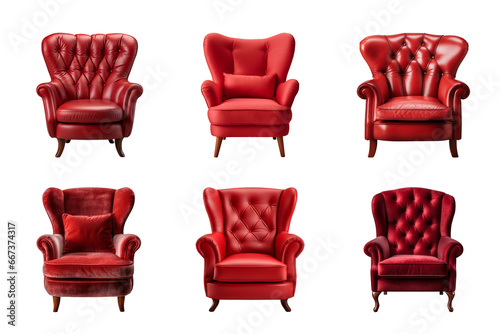 Comfortable red armchair collection isolated on a transparent background. Interior element