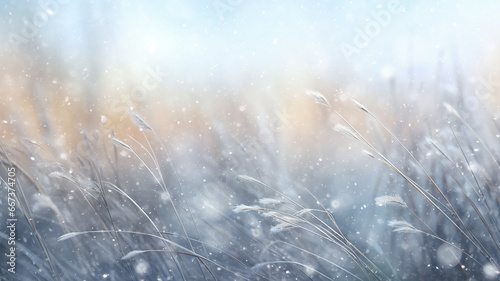 Fotografia beautiful winter background, blurred snowfall in the field, dry blades of grass