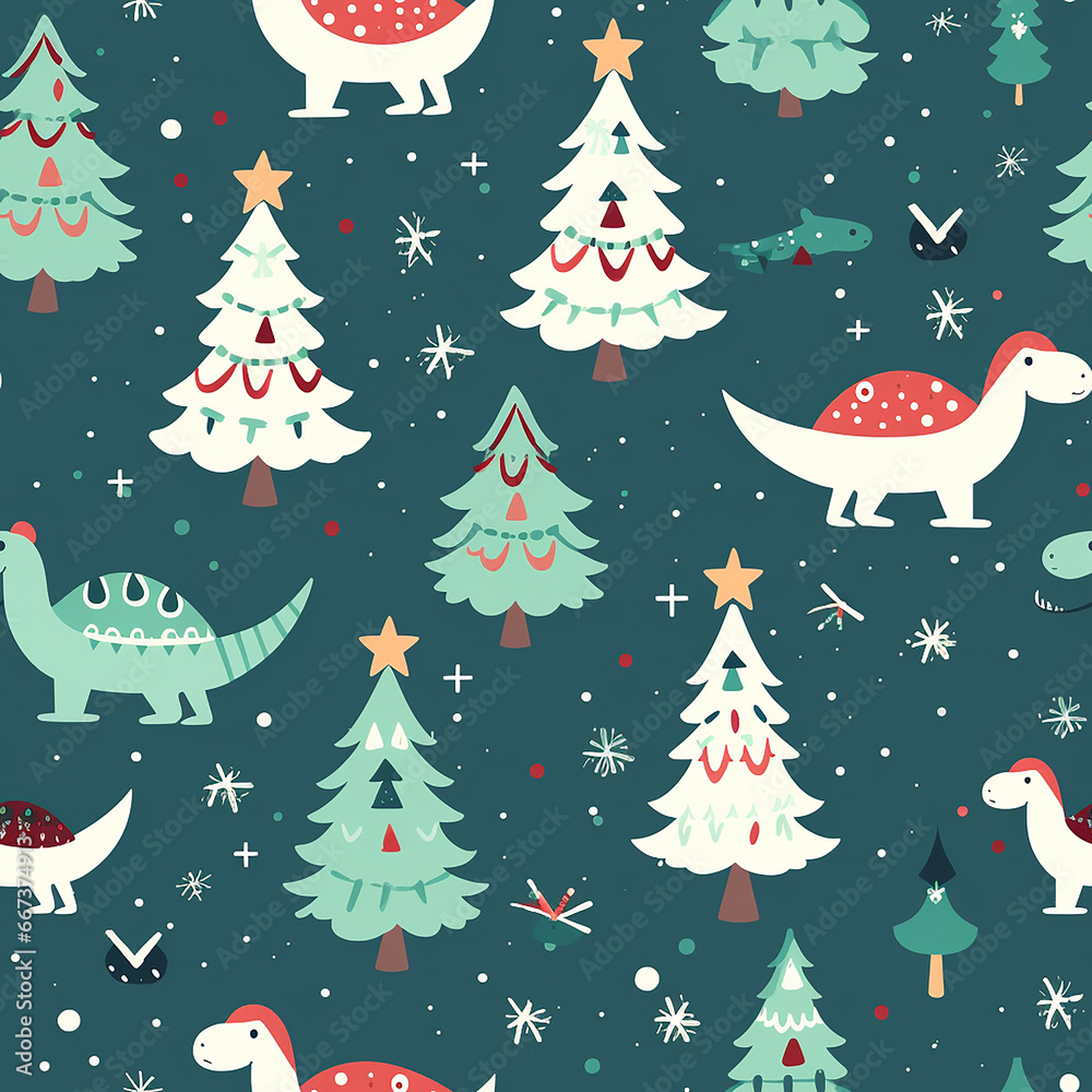 Cartoon Christmas dinosaurs and Christmas trees, repeatable seamless pattern