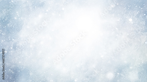 abstract watercolor background snowfall, christmas view blurred blizzard light blue snowflakes on a white city background