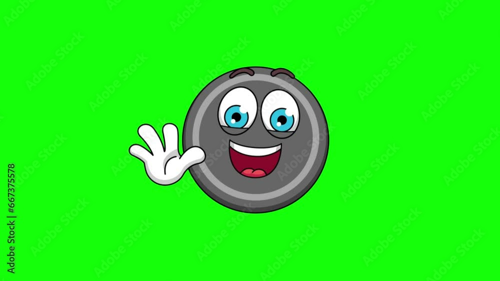 Waving hand animation of a hockey puck cartoon, mascot character on green screen
Waving hand animation of a hockey puck cartoon, mascot character on green screen