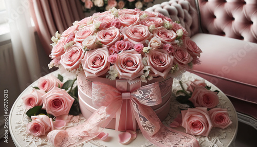 Photo depicting a lavish arrangement of pink roses, tied with a dainty lace bow, presented in a luxurious gift box, expressing love and gratitude