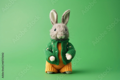 Happy Easter rabbit in sweater on green background as greeting card generative ai