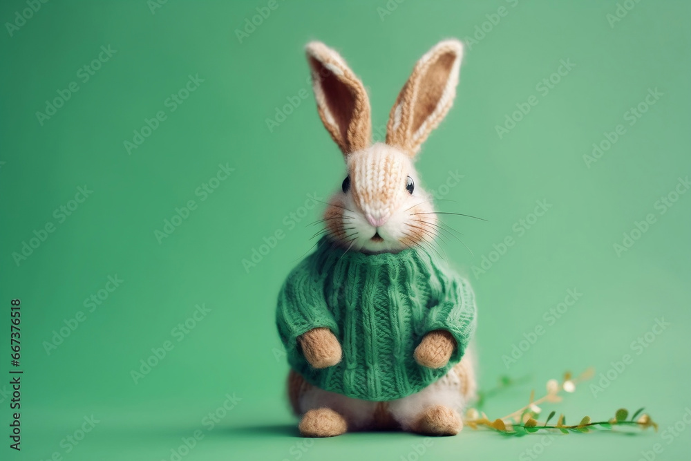 Fototapeta premium Happy Easter rabbit in sweater on green background as greeting card generative ai