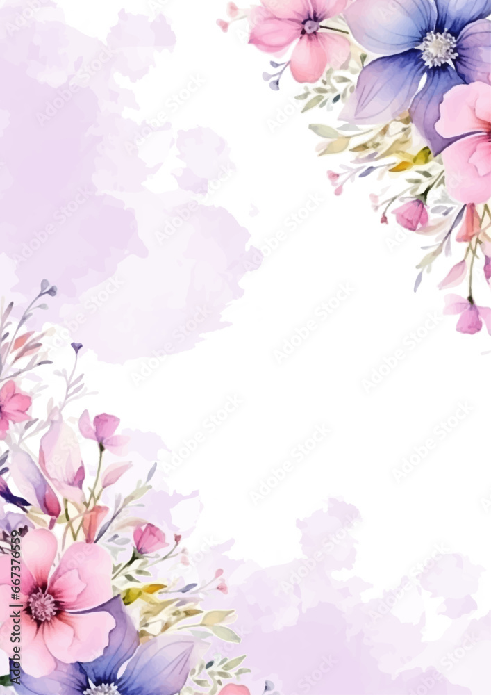 Fototapeta premium Pink white and purple violet modern wreath background invitation frame with flora and flower