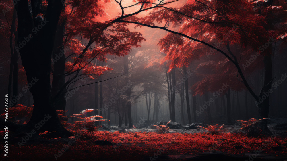 Autumn forest with red leaves and some red trees Autumn forest with red leaves and some red trees