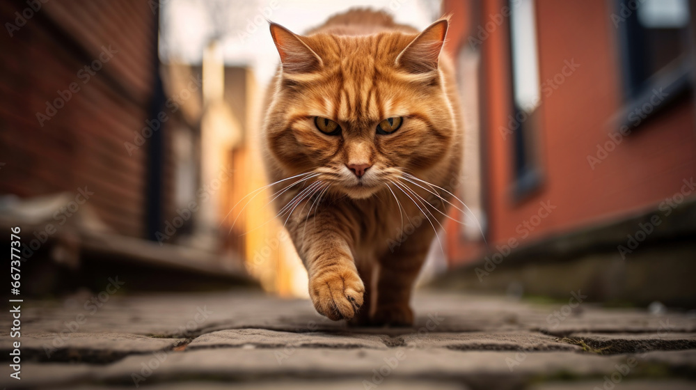 Frontal shot of a ginger cat walking down the street Frontal shot of a ginger cat walking down the street