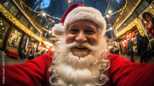 Selfie of a happy Santa on blur bokeh Christmas background