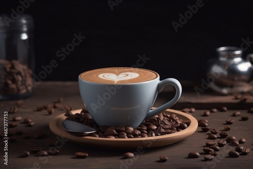 Heart shaped coffee beans and cup of latte on wooden table generative ai