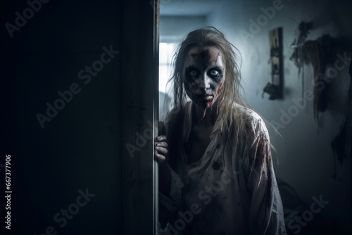 Horror house interior with scary awakened female zombie at doorway generative ai