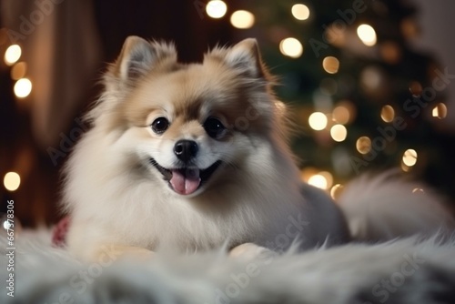 Cheerful dog posing beside a beautiful Christmas tree adorned with lights and a shining star. Festive celebration with a delightful Danish Spitz in a cozy room. Generative AI