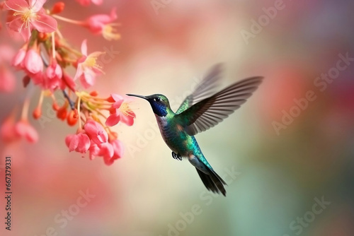 Hummingbird at flight with colorful iridescent plumage and blurred generative ai