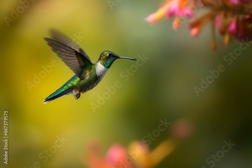 Hummingbird at flight with colorful iridescent plumage and blurred generative ai © Tohamina