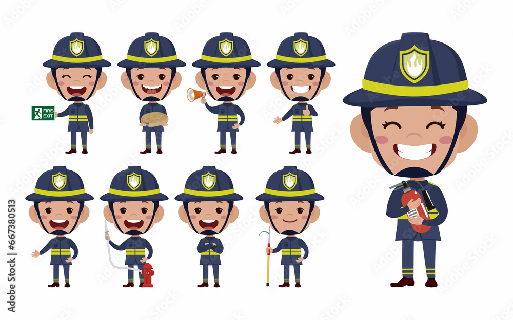 Set of fireman with different poses