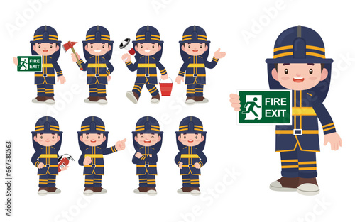 Set of fireman with different poses