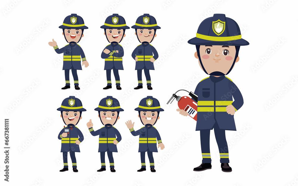 Set of fireman with different poses