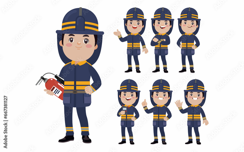 Set of fireman with different poses